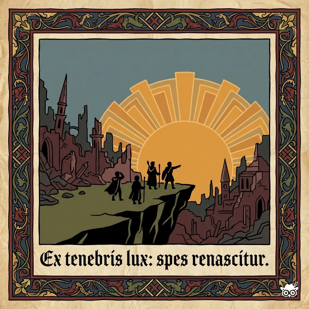 Illuminated manuscript style illustration with bold black ink outlines showing a small group of survivors (stylized, consistent proportions) silhouetted against a rising sun at the edge of a ruined city. Behind them, dark flat-colored destruction; ahead, layered geometric rays of sunrise. One figure looks back, another forward. Decorative manuscript-inspired border frames the scene. Gluze Amber (#E8A545) used for the sunrise rays as the focal point. Limited 4-color palette with subtle parchment texture background. Educational composition with hope and weight balanced. Thick confident linework, flat color fills, no gradients.