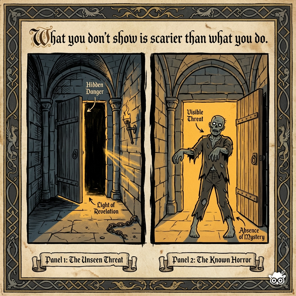 Split panel illuminated manuscript-style illustration in Gluze Manuscript aesthetic. Bold black ink divider separates two scenes on parchment texture. Left panel: dark hallway rendered with thick confident linework, door slightly ajar with Gluze Amber (#E8A545) light seeping through gap, darkness beyond suggested by heavy black fill, architectural details in bold outline. Right panel: same hallway composition with fully visible stylized zombie figure in flat color (muted gray-green skin), clearly defined with bold outlines, harsh light removes mystery. Decorative manuscript border frames both panels. Calligraphic text banner across top reads 'What you don't show is scarier than what you do' in elegant lettering. Limited palette: charcoal black, deep shadows (dark blue-gray), muted zombie green, parchment beige, Gluze Amber accent. Educational composition with small labels. Flat color fills, paper texture throughout.