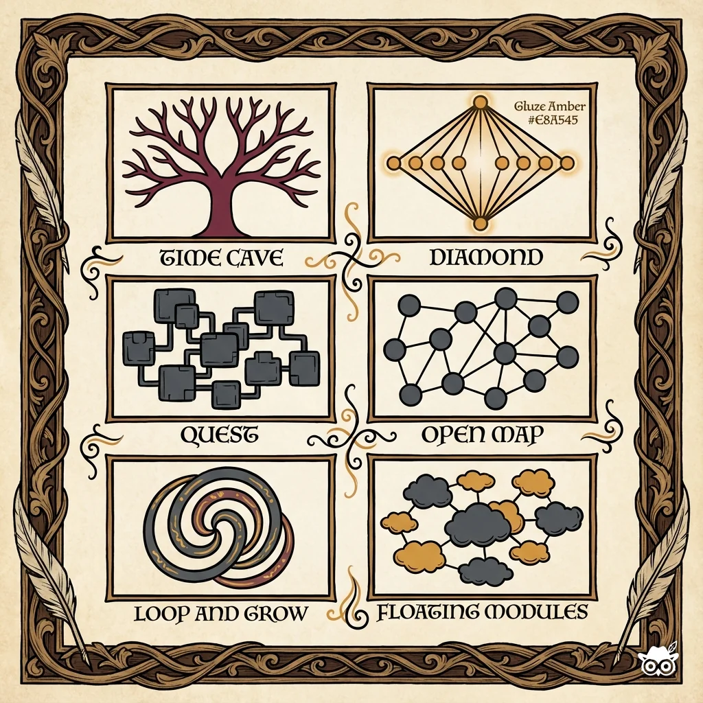 Illuminated manuscript-style diagram showcasing six narrative structure patterns on aged parchment. Bold black ink outlines with flat color fills: Time Cave (exponential tree in burgundy), Diamond (converging branches with Gluze Amber #E8A545 focal points), Quest (clustered modules in charcoal gray), Open Map (interconnected nodes), Loop and Grow (spiral pattern with amber highlights), and Floating Modules (cloud of interconnected storylets). Each pattern contained in decorative manuscript-inspired frames with quill motifs. Educational labels in medieval-inspired lettering. Limited palette: black, Gluze Amber, charcoal gray, burgundy red, and cream. Subtle paper texture. Thick confident linework throughout. Small decorative flourishes connect sections.