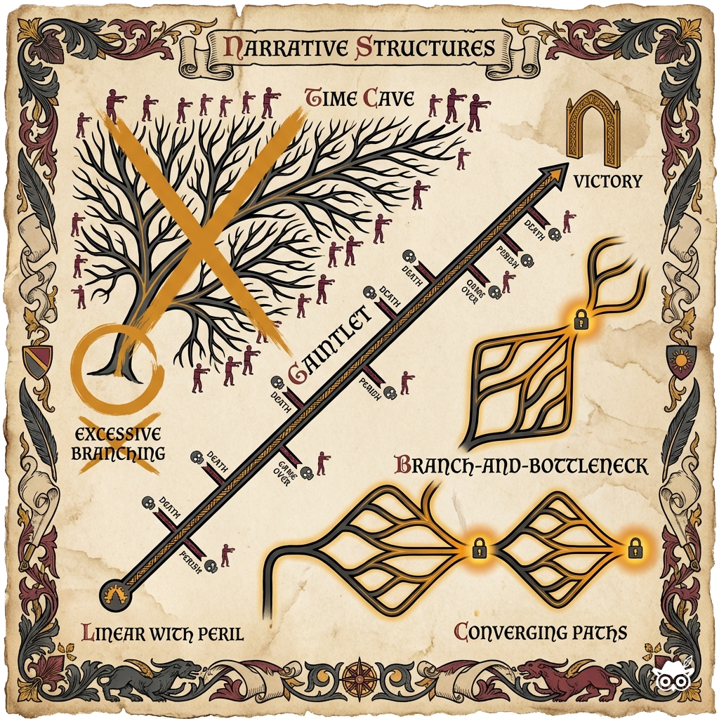 Illuminated manuscript-style infographic showing three branching narrative structures on parchment background. Bold black ink outlines with flat color fills: Time Cave (exponentially branching tree, crossed out with amber X), Gauntlet (linear path with death branches marked by small skull icons), and Branch-and-Bottleneck (diamond patterns converging at key points, highlighted with Gluze Amber #E8A545 glow). Decorative manuscript border with quill and scroll motifs. Educational labels in medieval-inspired lettering. Limited palette: black, amber, charcoal gray, and burgundy red. Small stylized zombie figures mark death endings. Subtle paper texture throughout.