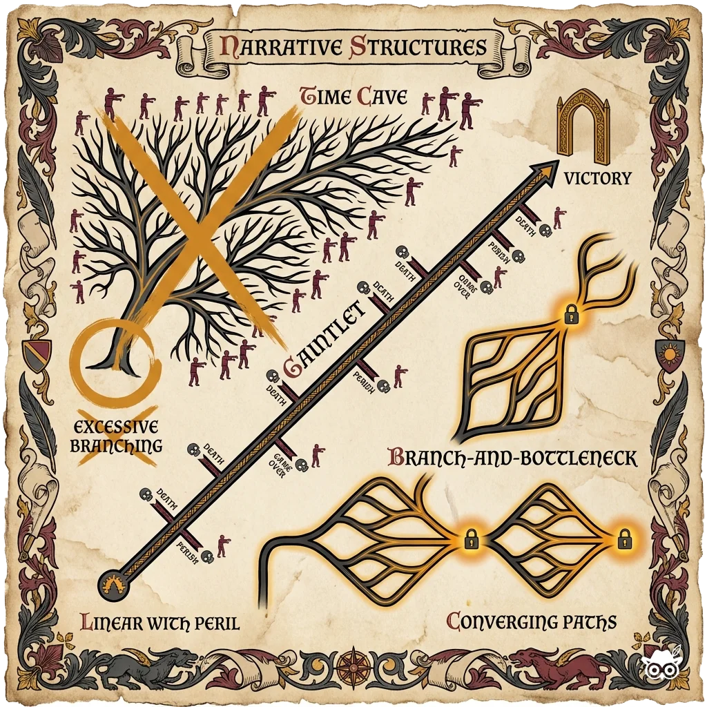 Illuminated manuscript-style infographic showing three branching narrative structures on parchment background. Bold black ink outlines with flat color fills: Time Cave (exponentially branching tree, crossed out with amber X), Gauntlet (linear path with death branches marked by small skull icons), and Branch-and-Bottleneck (diamond patterns converging at key points, highlighted with Gluze Amber #E8A545 glow). Decorative manuscript border with quill and scroll motifs. Educational labels in medieval-inspired lettering. Limited palette: black, amber, charcoal gray, and burgundy red. Small stylized zombie figures mark death endings. Subtle paper texture throughout.