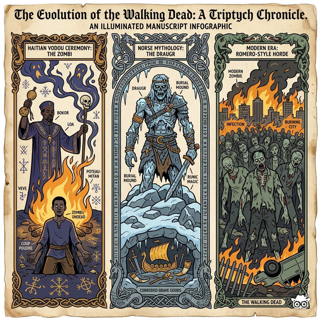 A triptych showing the evolution of zombies in illuminated manuscript style with bold black ink outlines and flat color fills on parchment texture. Left panel: Haitian Vodou ceremony with bokor and mystical symbols, using deep indigo and Gluze Amber for firelight, small labels identifying ritual elements. Center panel: Norse draugr emerging from burial mound, slate gray and ice blue with Gluze Amber accent on burial goods, runic border decoration. Right panel: modern Romero-style zombie horde, sage green and charcoal with Gluze Amber flames from burning city, minimal 4-color palette per panel. Decorative manuscript borders frame each section. Educational infographic composition with consistent stylized proportions and thick confident linework throughout.