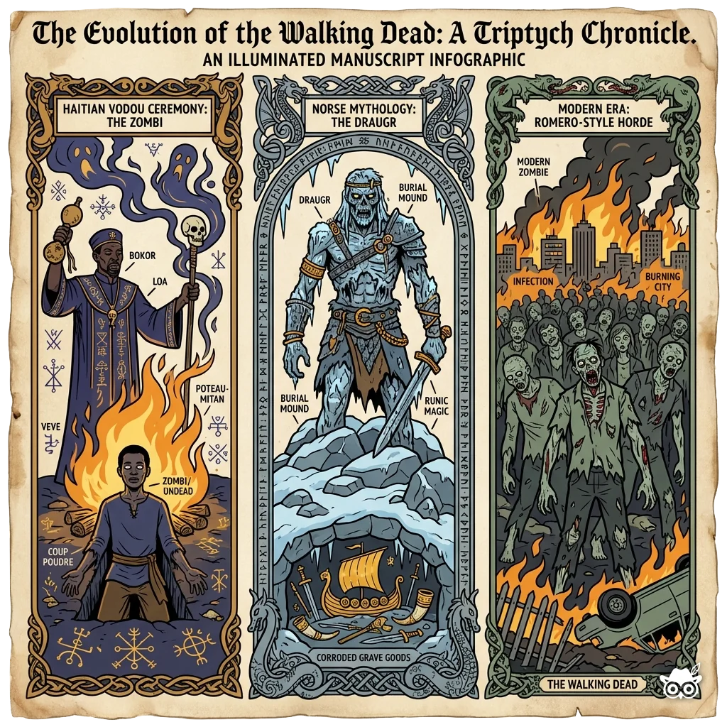 A triptych showing the evolution of zombies in illuminated manuscript style with bold black ink outlines and flat color fills on parchment texture. Left panel: Haitian Vodou ceremony with bokor and mystical symbols, using deep indigo and Gluze Amber for firelight, small labels identifying ritual elements. Center panel: Norse draugr emerging from burial mound, slate gray and ice blue with Gluze Amber accent on burial goods, runic border decoration. Right panel: modern Romero-style zombie horde, sage green and charcoal with Gluze Amber flames from burning city, minimal 4-color palette per panel. Decorative manuscript borders frame each section. Educational infographic composition with consistent stylized proportions and thick confident linework throughout.