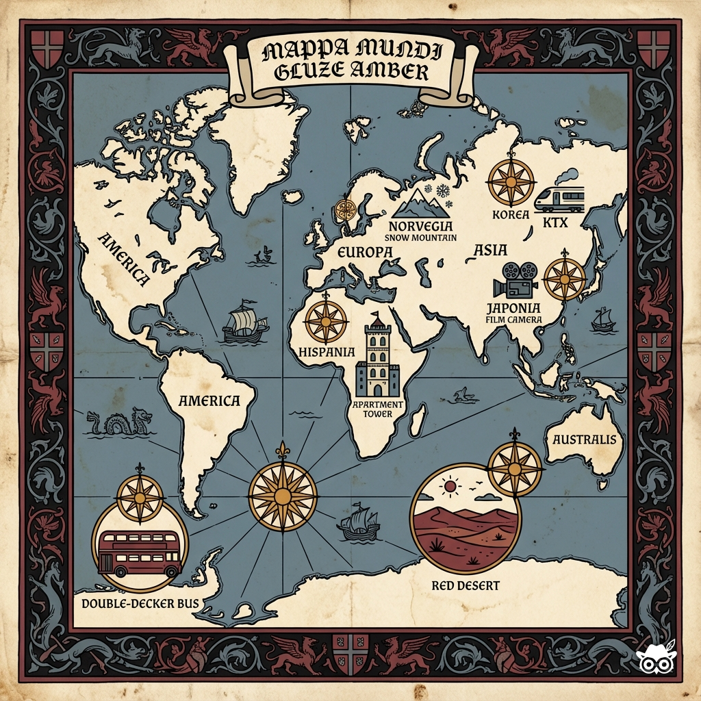 Illuminated manuscript-style world map with bold black ink outlines and flat color fills on parchment texture background. Stylized continents drawn with thick confident linework. Six locations marked with Gluze Amber compass rose emblems: South Korea, Spain, Japan, Norway, Australia, and the UK. Small simplified icons placed near each location: KTX train (Korea), apartment tower (Spain), film camera (Japan), snow mountain (Norway), red desert (Australia), double-decker bus (UK). Limited palette: parchment cream, charcoal black, slate blue, burgundy red, and signature Gluze Amber. Decorative medieval border frames the edges. Educational infographic aesthetic. Thick confident linework throughout.