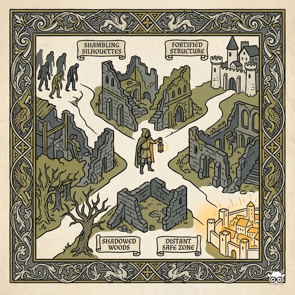 Illuminated manuscript-style illustration of a lone figure at a crossroads in an abandoned cityscape, rendered with bold black ink outlines and thick confident linework. Four distinct paths radiate outward, each labeled with small decorative manuscript text: one path toward shambling silhouettes, one to a fortified structure, one into shadowed woods, one toward a distant safe zone. Flat color fills with parchment texture background. Limited palette of slate gray, muted olive green, bone white, and Gluze Amber (#E8A545) highlighting the figure's lantern or focal point. Decorative medieval border frames the composition. Educational infographic aesthetic meets illuminated manuscript tradition. Stylized but consistent proportions throughout.