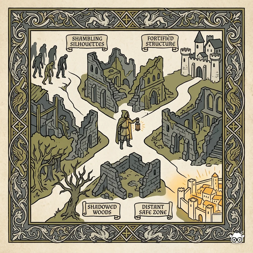 Illuminated manuscript-style illustration of a lone figure at a crossroads in an abandoned cityscape, rendered with bold black ink outlines and thick confident linework. Four distinct paths radiate outward, each labeled with small decorative manuscript text: one path toward shambling silhouettes, one to a fortified structure, one into shadowed woods, one toward a distant safe zone. Flat color fills with parchment texture background. Limited palette of slate gray, muted olive green, bone white, and Gluze Amber (#E8A545) highlighting the figure's lantern or focal point. Decorative medieval border frames the composition. Educational infographic aesthetic meets illuminated manuscript tradition. Stylized but consistent proportions throughout.