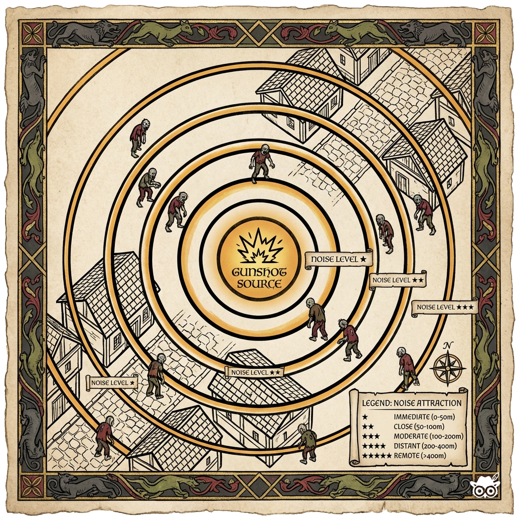 Illuminated manuscript-style top-down tactical diagram of a suburban neighborhood in Gluze Manuscript aesthetic. Bold black ink outlines define houses, streets, and pathways on parchment texture background. Concentric circles emanate from central point (gunshot source) in thick confident linework. Stylized zombie figures with bold outlines positioned at varying distances, oriented toward sound source. Gluze Amber highlights the gunshot epicenter and sound wave peaks. Limited palette: charcoal black, deep crimson, muted olive green, parchment beige, plus signature Gluze Amber. Decorative manuscript border frames the scene. Small educational labels in calligraphic text indicate noise levels and attraction radius. Flat color fills with subtle paper texture. Educational infographic composition with legend showing 5 noise levels, each marked with stars and distance markers.