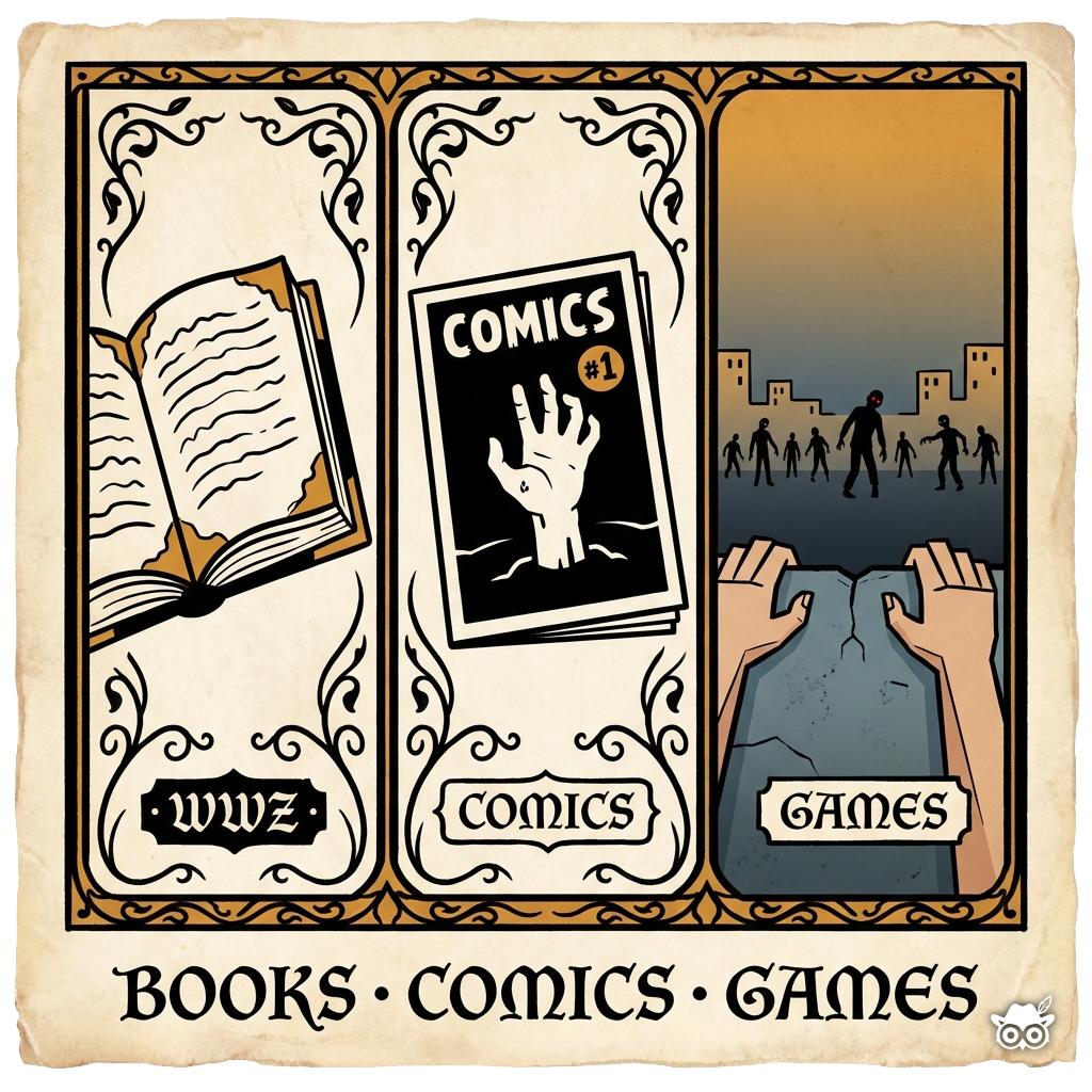 Illuminated manuscript triptych with bold black ink borders separating three panels on parchment background. Left panel: Stylized open book with thick black outline, simplified pages showing text lines, worn corners indicated by flat amber fills, small WWZ label below. Center panel: Simplified comic book with bold black cover, stark white zombie hand reaching up (minimal detail, strong silhouette), small #1 in amber circle. Right panel: Geometric first-person hands (bold outlines, flat skin tone) gripping ledge, simplified cityscape below with tiny zombie silhouettes, sky gradient from amber to deep grey-blue. Decorative manuscript border frames each panel. Limited palette: parchment cream, bold black, signature Gluze Amber accents, grey-blue, single blood red highlight. Educational labels beneath: BOOKS, COMICS, GAMES in medieval-style lettering. Consistent stylized proportions across all three panels.