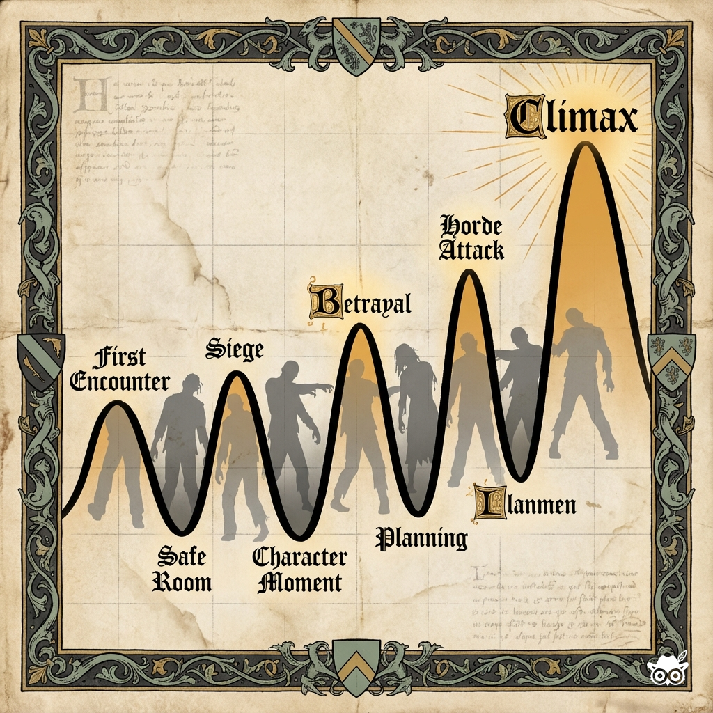 Illuminated manuscript-style tension diagram with bold black ink outlines forming a dramatic wave pattern across parchment background. The line peaks and valleys are labeled with small decorative manuscript-style text: peaks marked 'First Encounter,' 'Siege,' 'Betrayal,' 'Horde Attack,' with massive final peak 'Climax.' Valleys labeled 'Safe Room,' 'Character Moment,' 'Planning.' Stylized zombie silhouettes in flat gray behind the curve. Limited palette: charcoal black, parchment cream, dusty sage green, and Gluze Amber (#E8A545) highlighting the climax peak and critical moments. Decorative medieval border frames the edges. Educational infographic aesthetic with grid pattern subtle in background texture. Thick confident linework throughout.