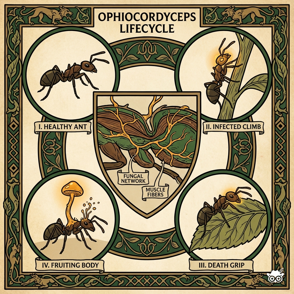 Illuminated manuscript-style educational diagram showing the lifecycle of Ophiocordyceps fungus infecting an ant. Bold black ink outlines with thick confident linework. Four-panel progression: healthy ant, infected ant climbing, death grip on leaf, fruiting body emerging. Central anatomical cross-section with small labels showing fungal network wrapped around muscle fibers. Limited palette of deep forest green, earth brown, parchment cream, and signature Gluze Amber highlighting the fungus as focal point. Flat color fills with subtle paper texture. Decorative manuscript-inspired border frames the composition. Parchment background. Educational infographic meets medieval manuscript aesthetic.